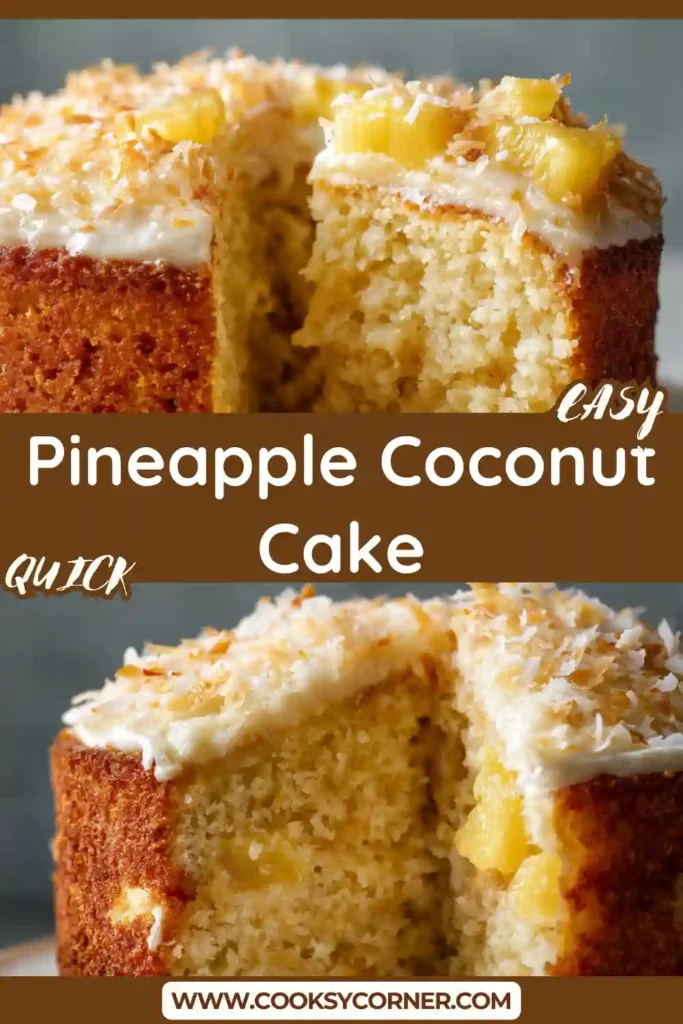 Elegant coconut cake decorated with pineapple chunks and toasted coconut flakes.