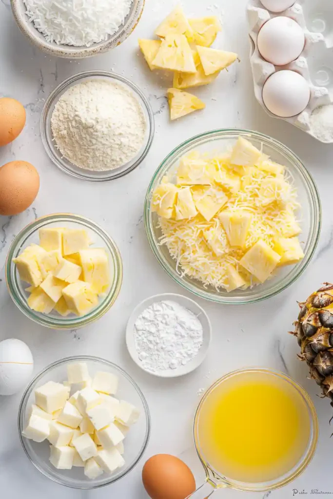 Close-up of soft pineapple coconut cake with rich frosting and visible fruit layers.