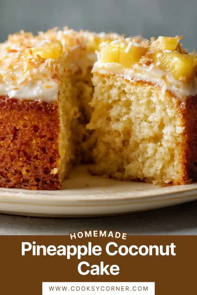 Slice of pineapple coconut cake showing moist layers and tropical filling with creamy frosting.