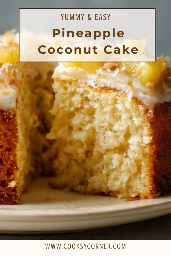 Pineapple Coconut Cake layered with cream cheese frosting and pineapple filling, topped with shredded coconut.