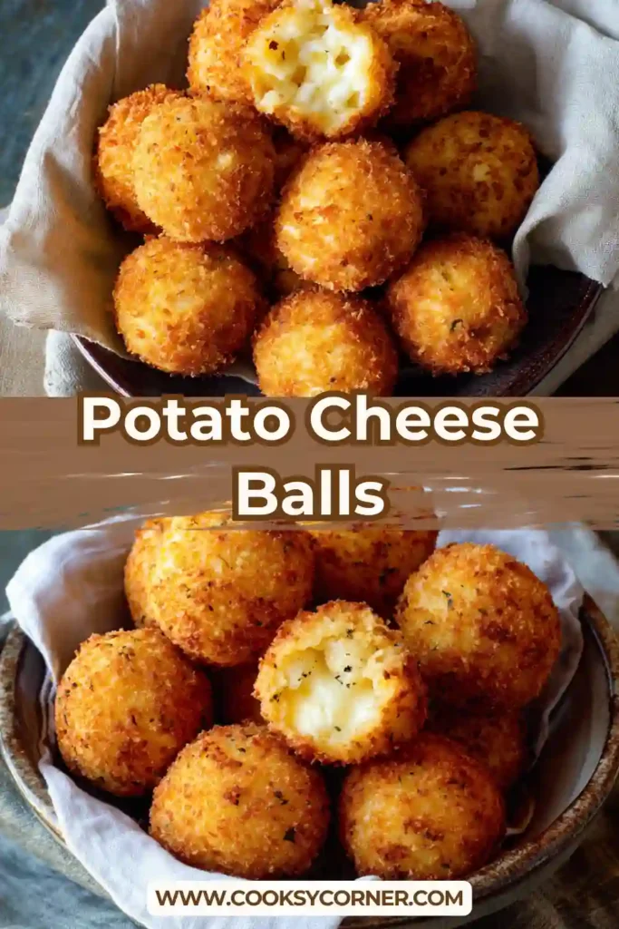 Close-up of cheesy potato balls with a crunchy coating and gooey cheese center.