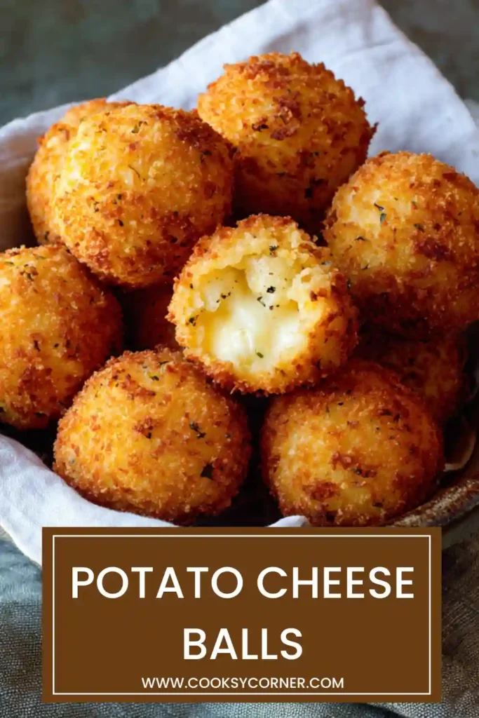 Crispy potato cheese balls with melted mozzarella inside, served golden brown on a plate.