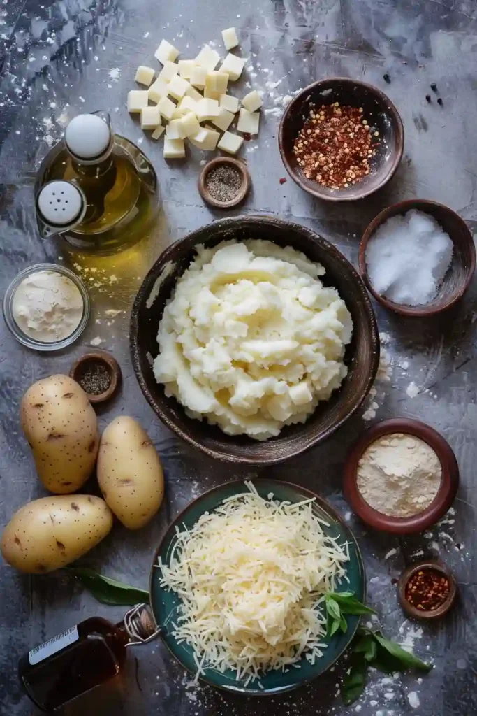 Homemade potato cheese sticks served with dipping sauce.