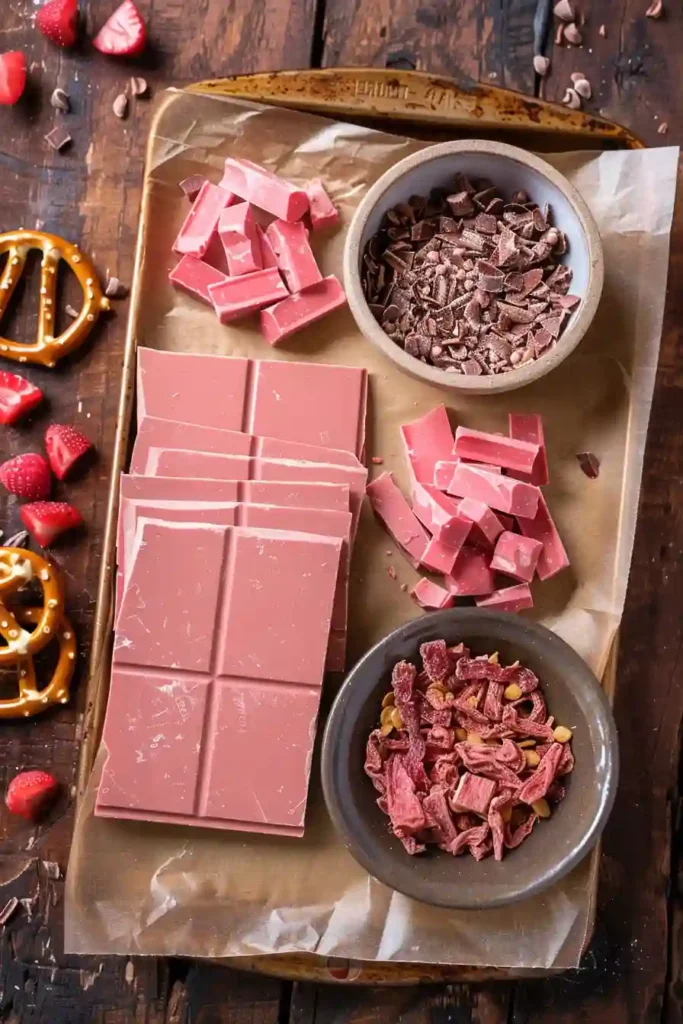 Sweet and salty pretzel bark with dried strawberries and smooth chocolate base.