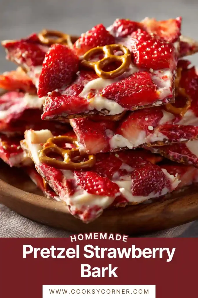 Close-up of chocolate bark with strawberries and pretzels showing crunchy texture and vibrant color.