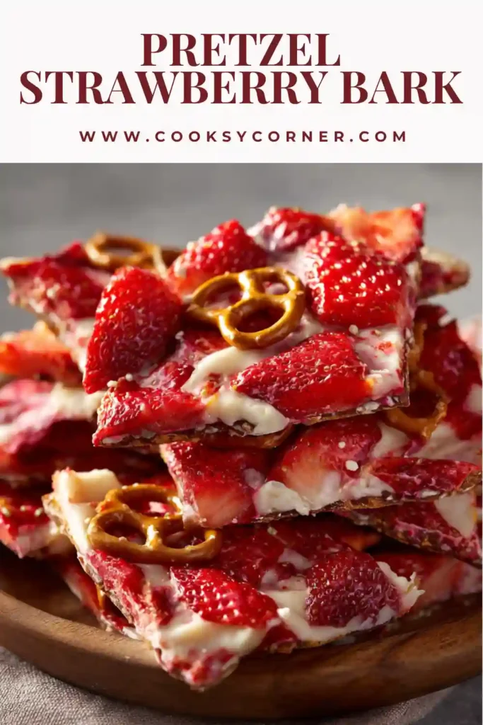 Pretzel strawberry bark pieces with pink ruby chocolate, crushed pretzels, and freeze-dried strawberries.