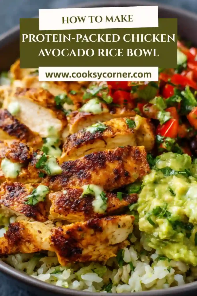 Healthy chicken avocado rice bowl topped with mashed avocado and colorful black bean corn salad.
