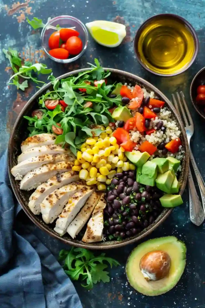 Nutritious chicken avocado rice bowl served with quinoa mix and fresh toppings.