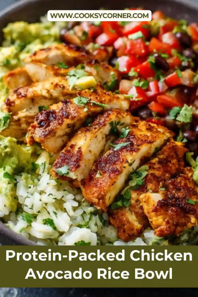 High protein chicken quinoa rice bowl with fresh avocado and seasoned chicken pieces.