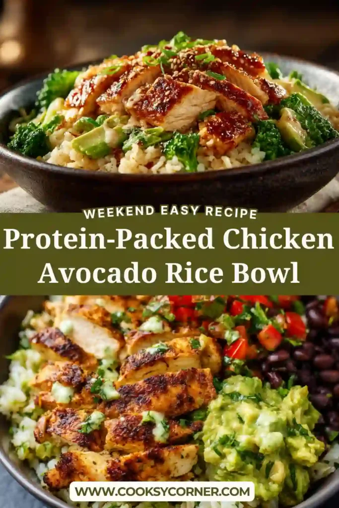 A vibrant protein-packed chicken avocado rice bowl with quinoa, black beans, and creamy avocado in a serving bowl.