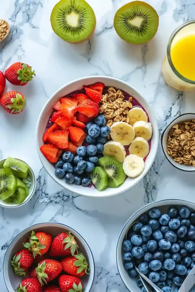 Easy açai bowl recipe served fresh with layered fruit toppings and golden granola texture.