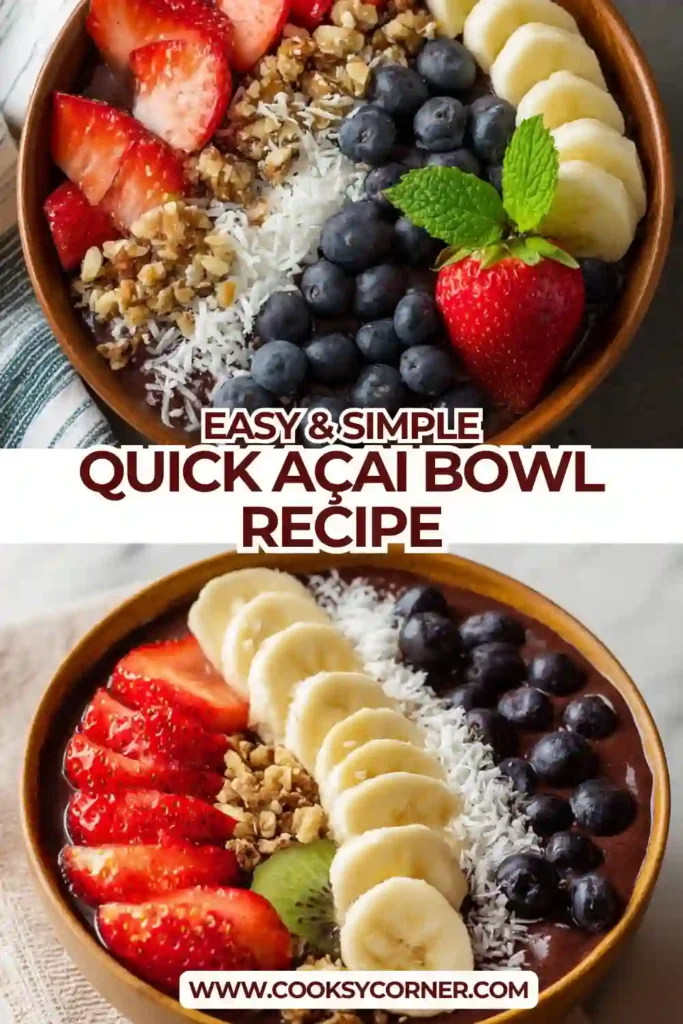 Creamy homemade açai bowl with fresh fruit toppings and granola, showcasing a healthy smoothie bowl breakfast.