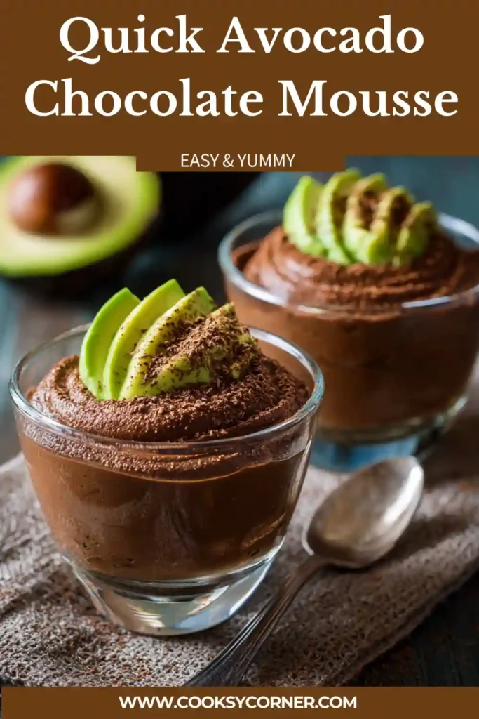 A creamy quick avocado chocolate mousse served in a glass bowl topped with grated dark chocolate and chopped nuts. Smooth texture and rich color highlight this healthy dessert.