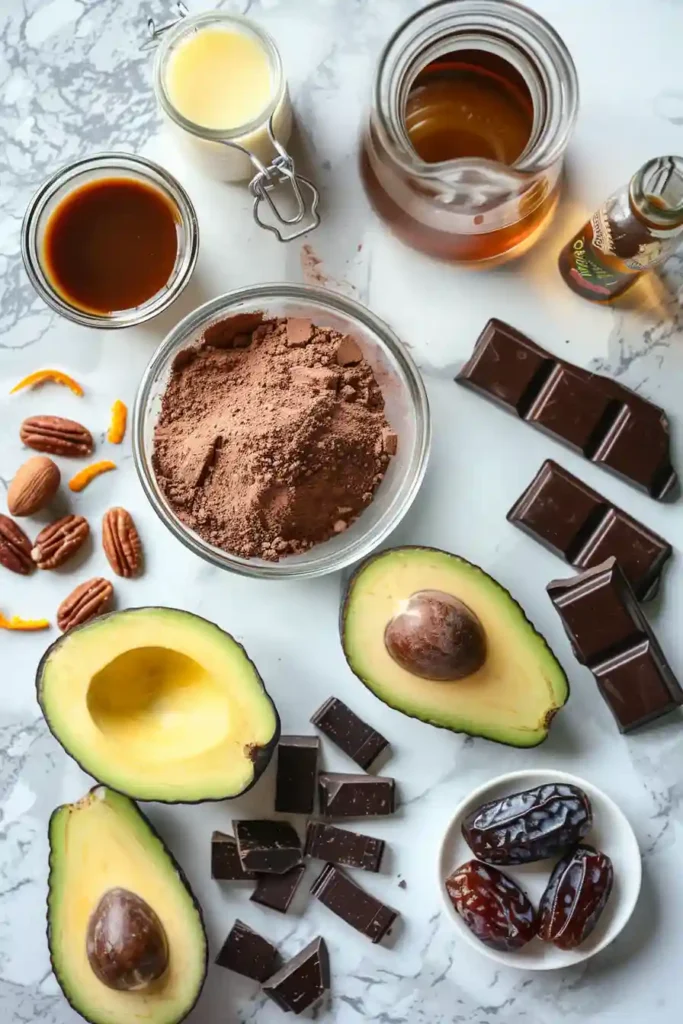 Dairy-free chocolate mousse made with avocado and banana, styled in a bowl with natural toppings and a rich chocolate finish.
