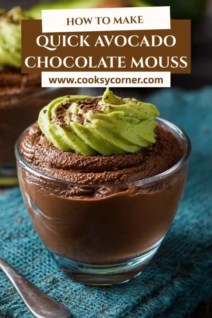 Healthy avocado chocolate mousse in small serving cups garnished with dark chocolate shavings and nuts for added crunch.