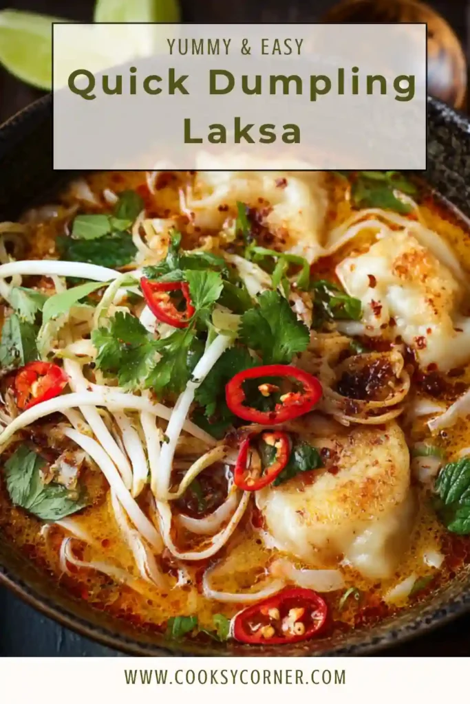 Close-up of spicy coconut dumpling laksa with vibrant toppings and rich broth.