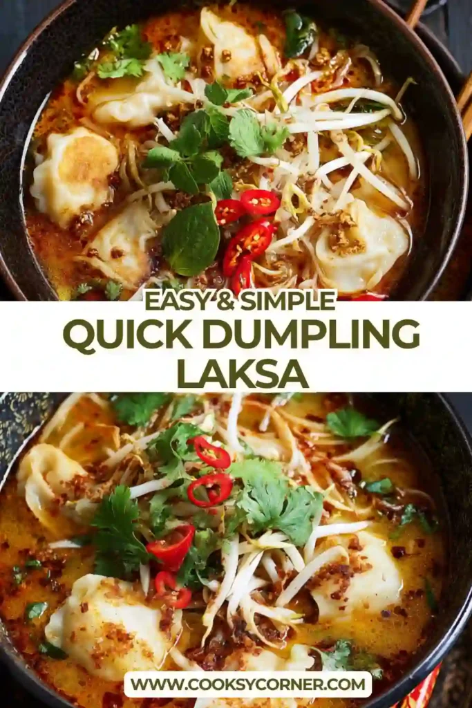 Creamy dumpling laksa soup topped with bean sprouts, chili, and crispy shallots.