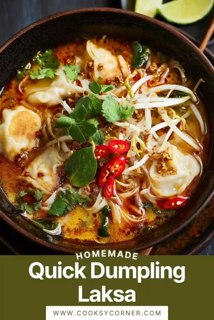 A bowl of quick dumpling laksa with coconut curry broth, dumplings, bok choy, and fresh herbs.
