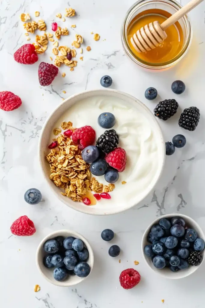 Fresh berry yogurt bowl with honey drizzle and granola topping, styled for a simple and healthy breakfast idea.
