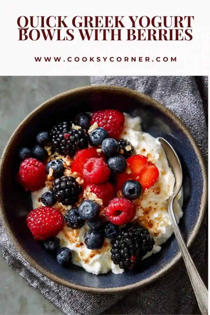 A bowl of creamy Greek yogurt topped with fresh mixed berries and crunchy granola, drizzled with honey. Perfect for a quick healthy breakfast.