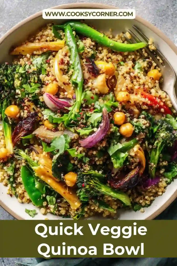 A warm vegan quinoa bowl served with sautéed vegetables and spices, showing texture and rich color contrast. Ideal for a nutritious dinner.