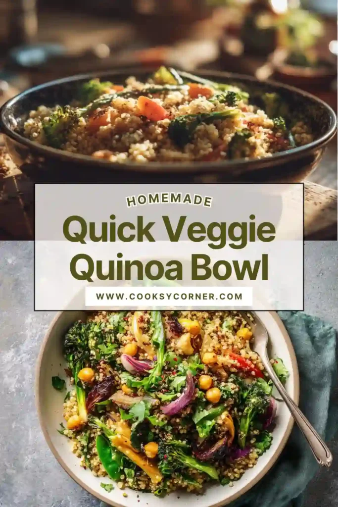 Close-up of a healthy quinoa bowl with mixed vegetables and chickpeas, lightly coated in curry coconut sauce. Perfect plant-based meal option.