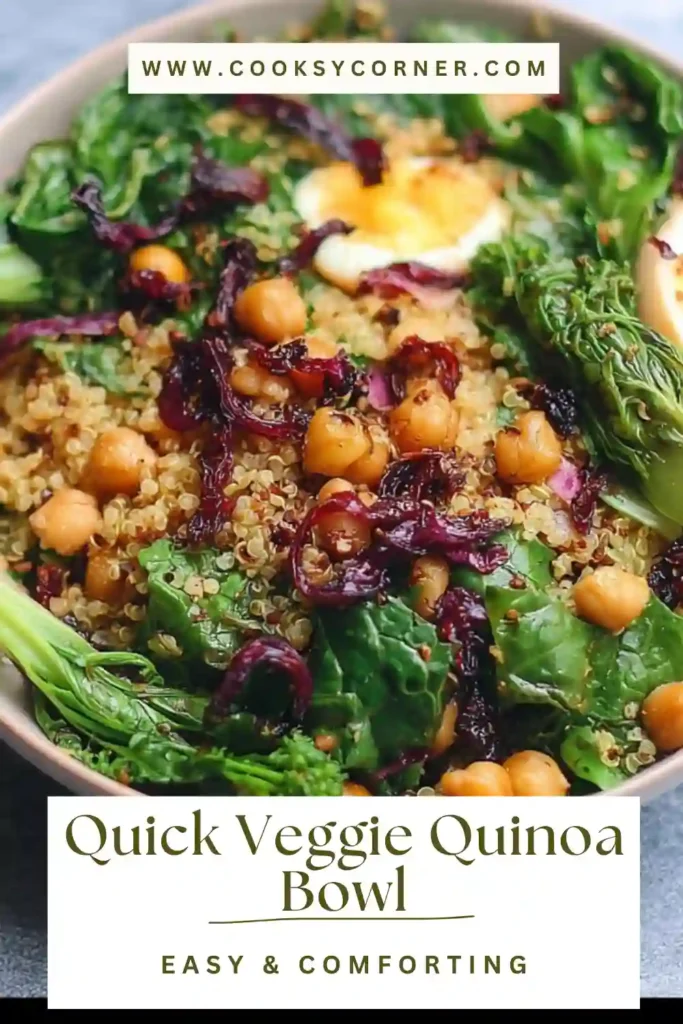 A colorful Quick Veggie Quinoa Bowl filled with zucchini, cabbage, chickpeas, and kale in a creamy coconut sauce. The dish looks fresh, vibrant, and healthy.