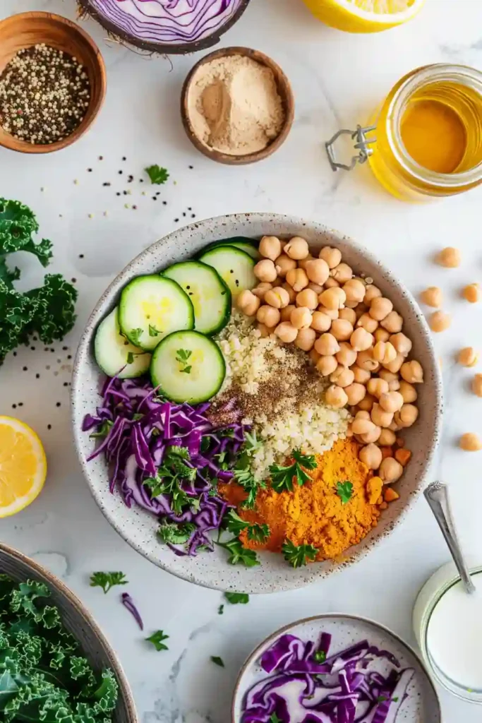 Overhead view of a Quick Veggie Quinoa Bowl featuring fresh greens, tender vegetables, and fluffy quinoa in a balanced meal.