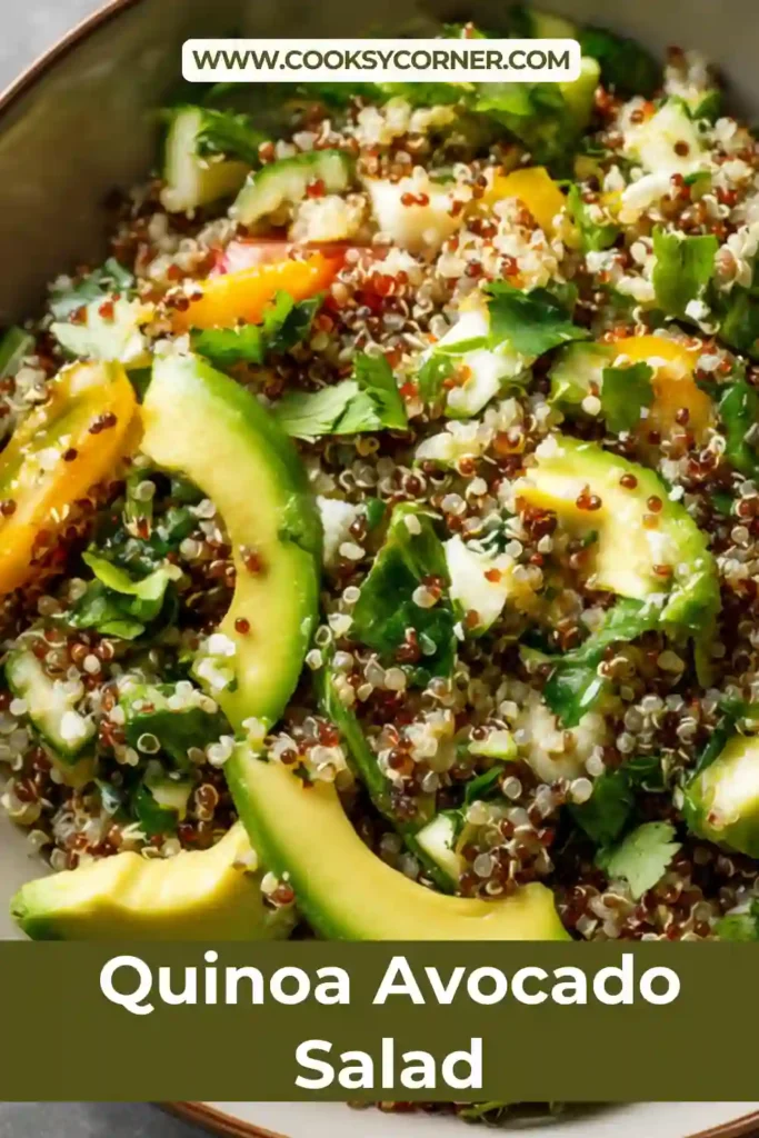 Healthy quinoa salad with avocado and colorful vegetables, perfect for a light and nutritious meal.