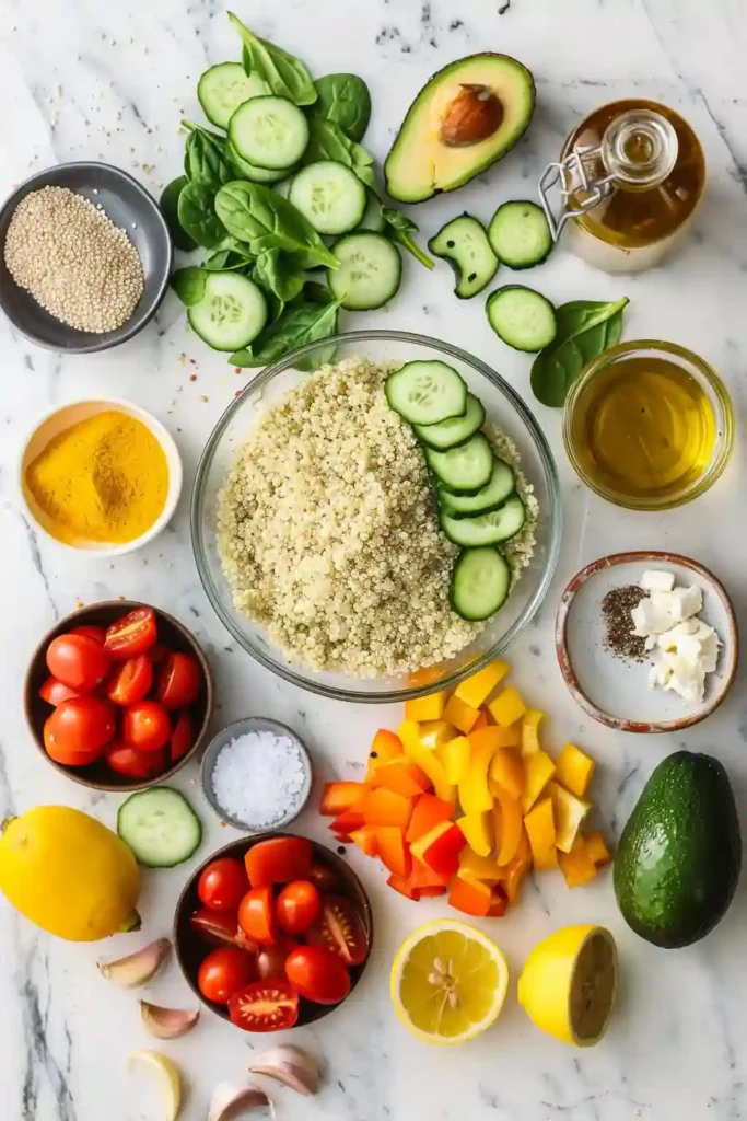 Close-up of quinoa avocado salad with feta cheese and fresh vegetables, vibrant and appetizing.