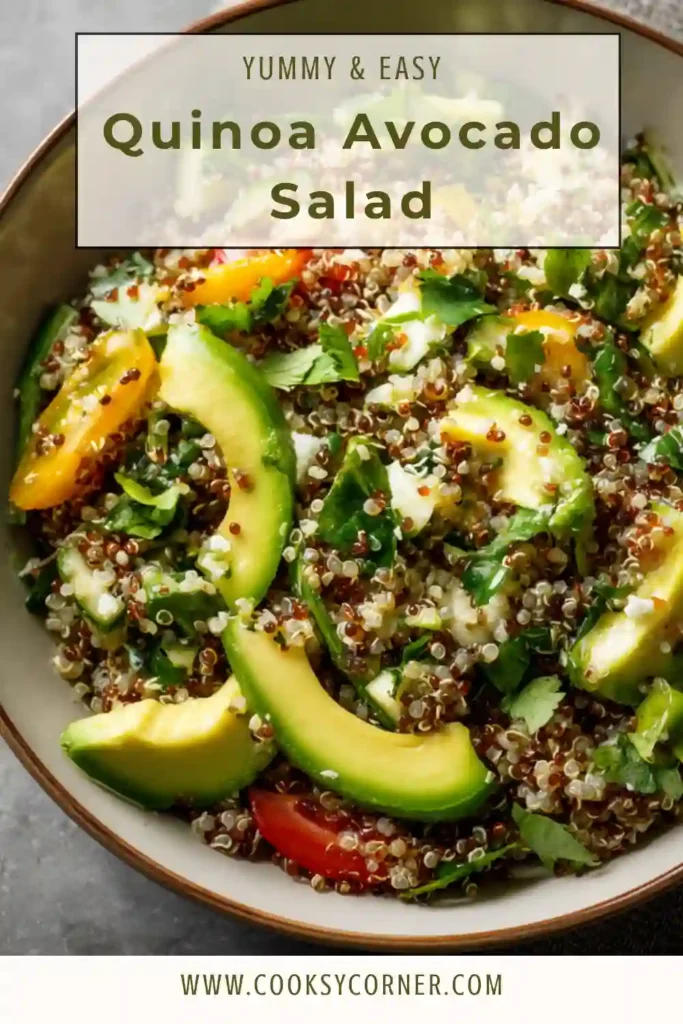 Homemade quinoa avocado salad with lemon dressing and fresh ingredients, ideal for meal prep.