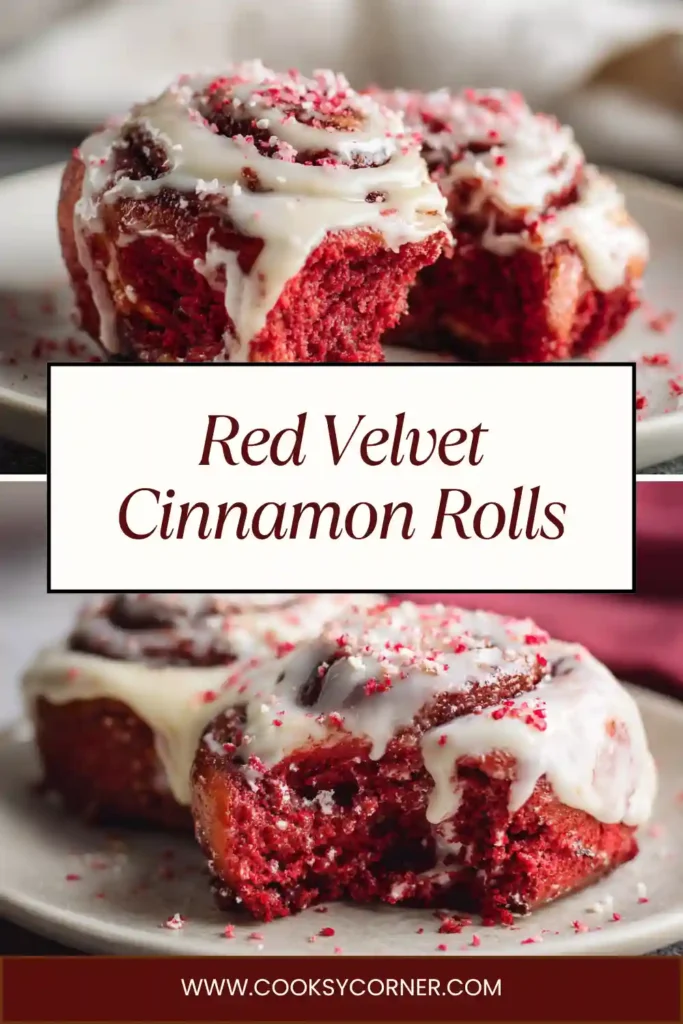 Close-up of fluffy red velvet rolls drizzled with white chocolate sauce.