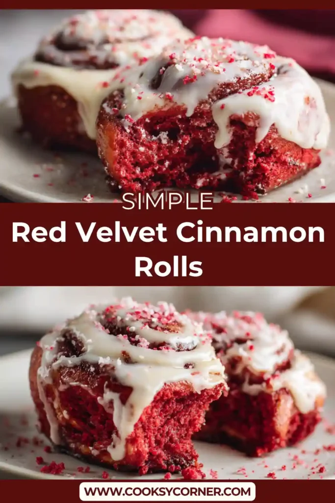 Soft red velvet cinnamon rolls with creamy glaze and visible cinnamon swirls.
