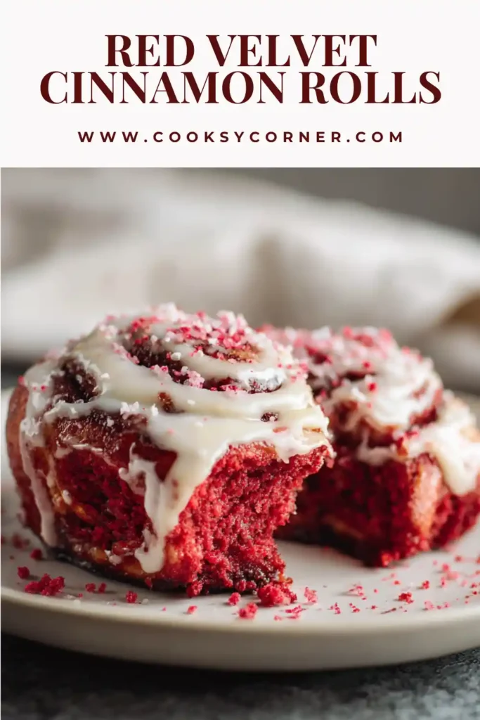 Freshly baked red velvet cinnamon rolls topped with white chocolate glaze in a baking dish.