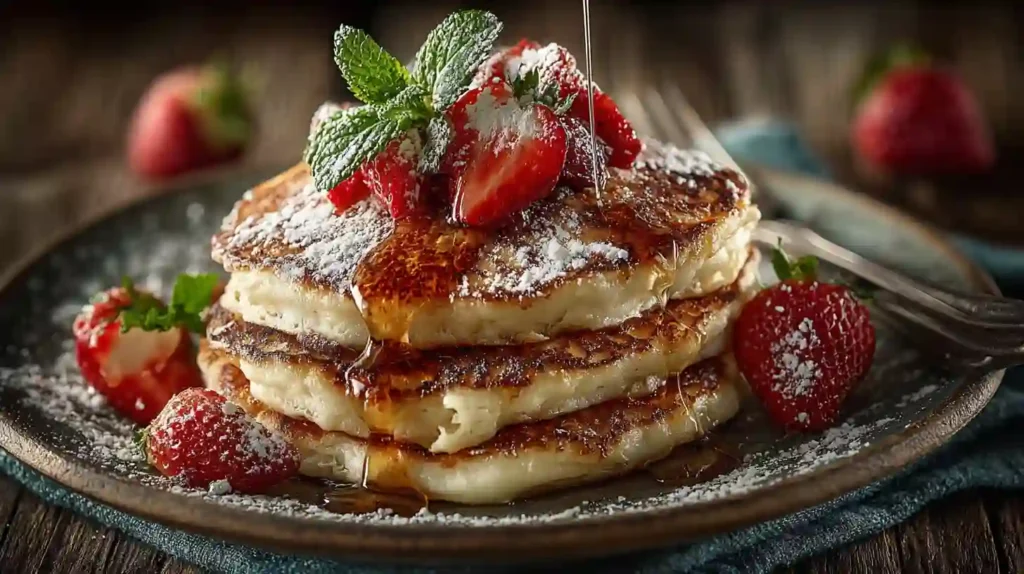 Breakfast plate of ricotta pancakes with butter, strawberries, and maple syrup drizzle.
