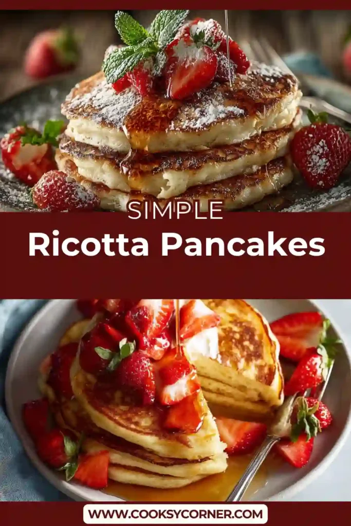 Homemade ricotta pancakes with creamy texture served with strawberries and syrup. Light and airy breakfast dish.