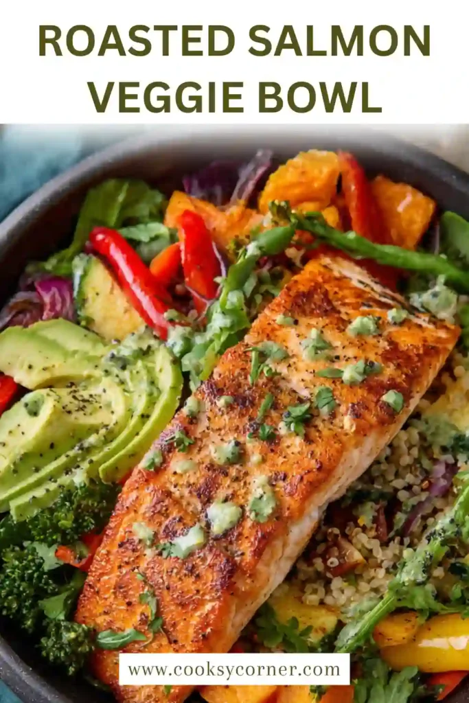 Healthy salmon bowl with roasted vegetables and quinoa, perfect for a balanced meal.