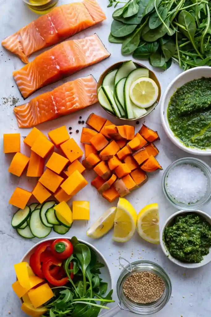 Sheet pan roasted salmon with colorful vegetables in a nutritious bowl.
