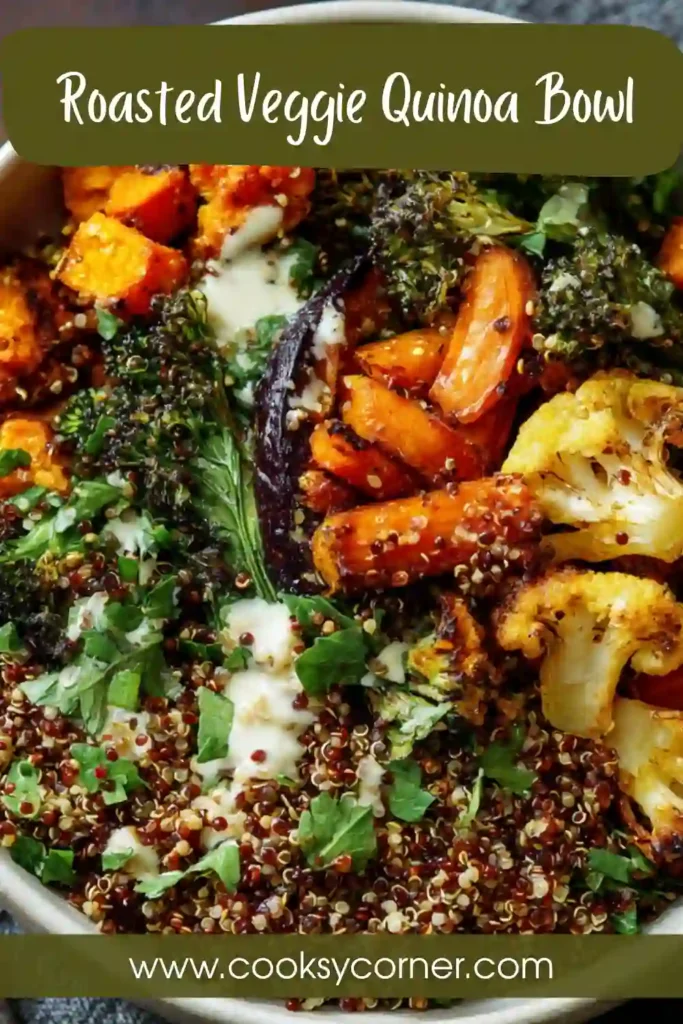 Close-up of roasted vegetable quinoa bowl with kale and sweet potatoes. Fresh and wholesome meal.