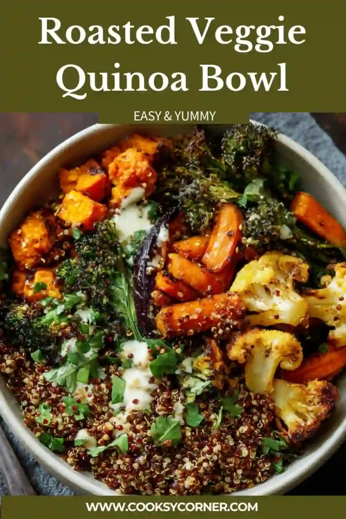 Colorful quinoa bowl with roasted vegetables and chickpeas. Nutritious and vibrant vegan dish.