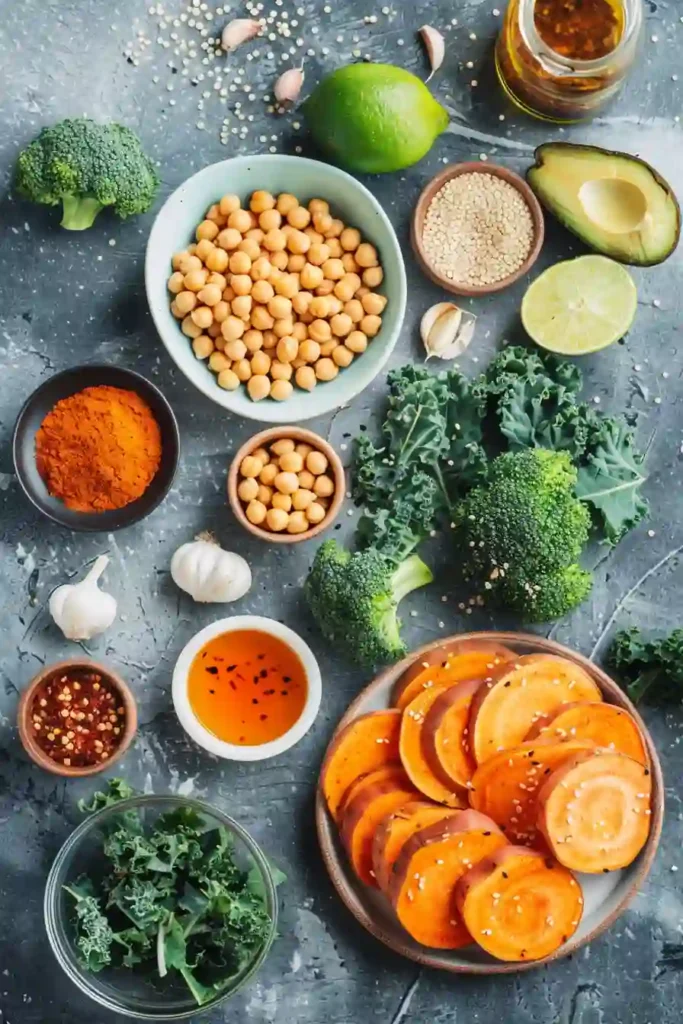 Healthy quinoa bowl topped with roasted broccoli, chickpeas, and avocado. Balanced and filling dish.
