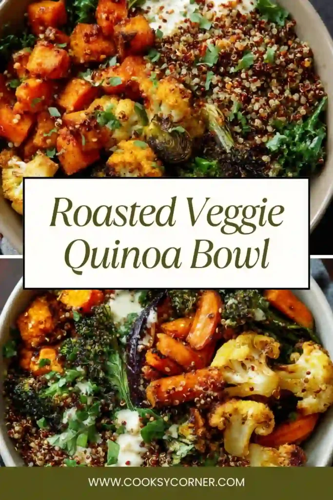 Roasted Veggie Quinoa Bowl with broccoli, sweet potatoes, chickpeas, and kale in a bowl. Healthy plant-based meal.