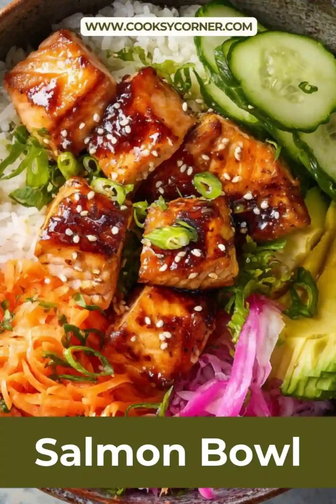 Asian-style salmon bowl with marinated salmon, edamame, and avocado slices.