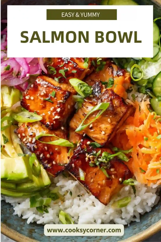 Healthy salmon rice bowl with fresh vegetables and sesame seeds in a modern bowl.