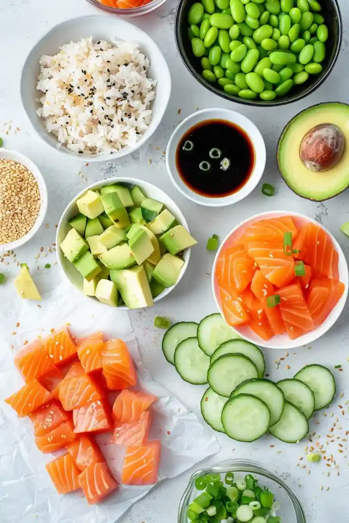 Colorful salmon bowl with rice and fresh toppings arranged beautifully.