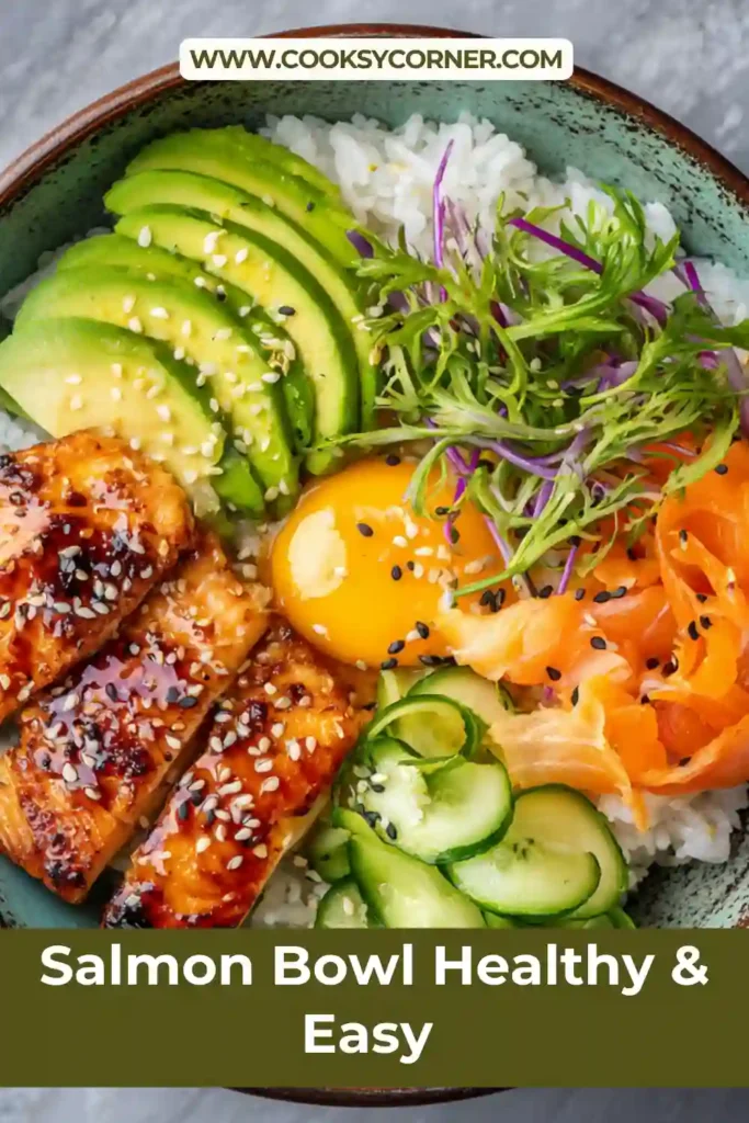 Homemade salmon bowl with vibrant toppings and flavorful marinated salmon.