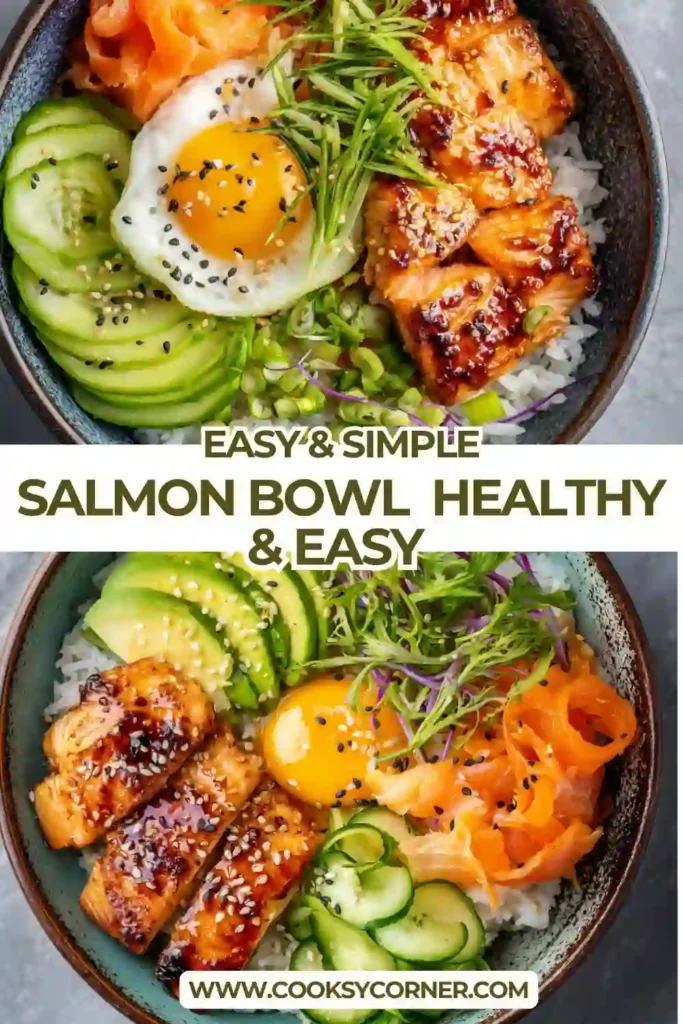 Healthy salmon rice bowl with fresh vegetables and perfectly cooked salmon pieces.