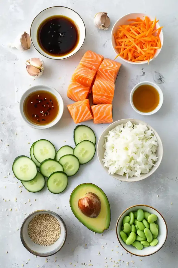 Fresh salmon bowl with avocado, rice, and vegetables in a balanced meal.