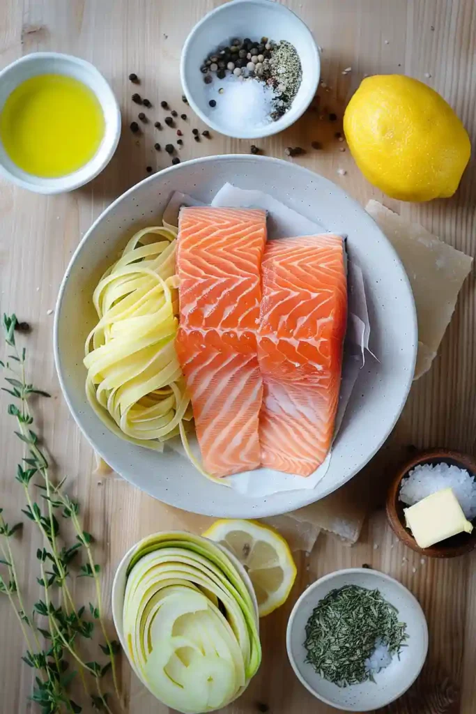 Close-up of salmon pasta with tender fish and herbs.