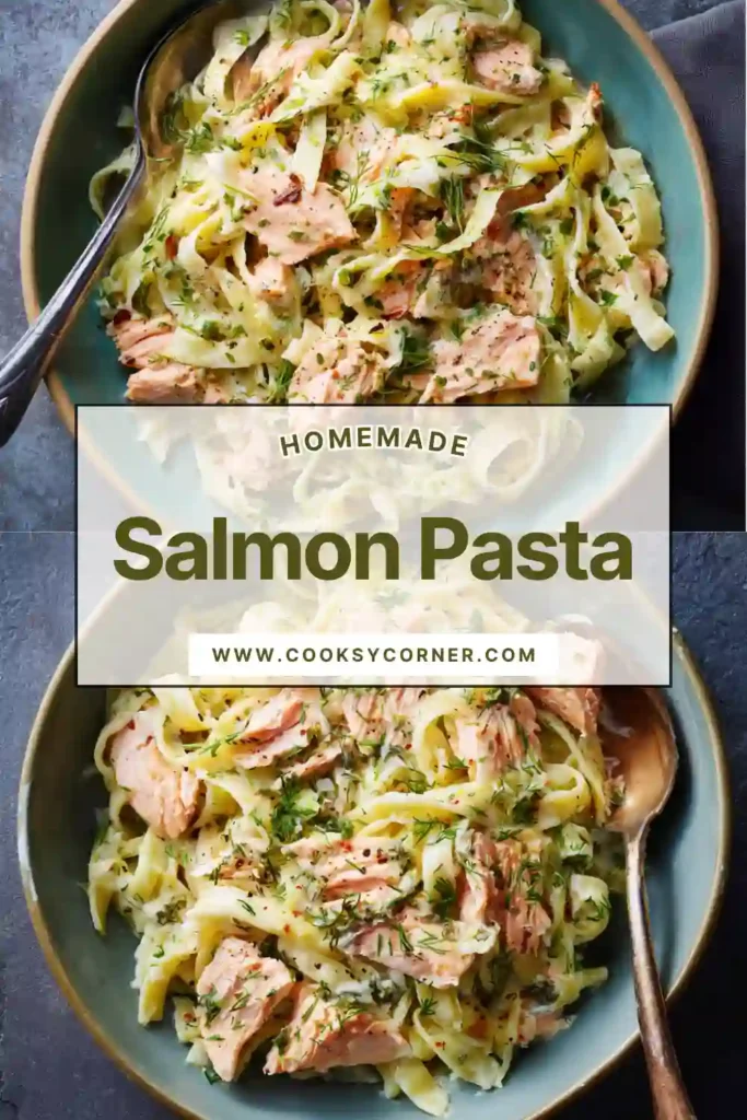 Lemon salmon pasta served in a bowl with creamy sauce.
